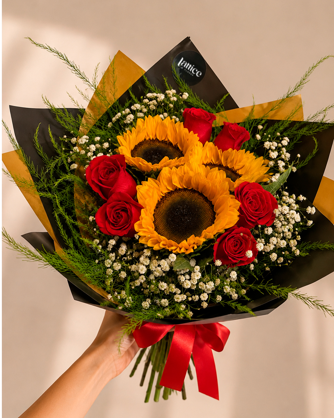 Ramo premium con girasoles, rosas rojas , lattice flores guadalajara